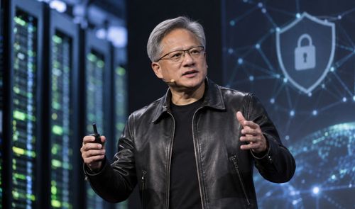Jensen Huang, CEO de NVIDIA, gesticulando durante una conferencia con servidores y un gráfico de ciberseguridad al fondo.