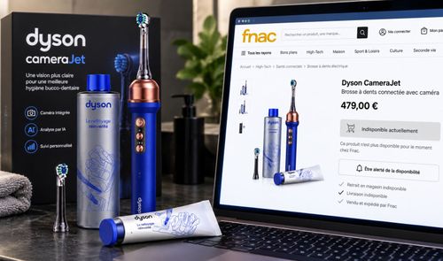 Cepillo de dientes eléctrico Dyson CameraJet junto a su caja y un portátil que muestra su ficha técnica en la web de Fnac.