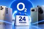 Logotipo de O2 rodeado por diferentes modelos de teléfonos móviles y un calendario que indica 24 meses.