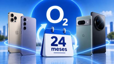 Logotipo de O2 rodeado por diferentes modelos de teléfonos móviles y un calendario que indica 24 meses.
