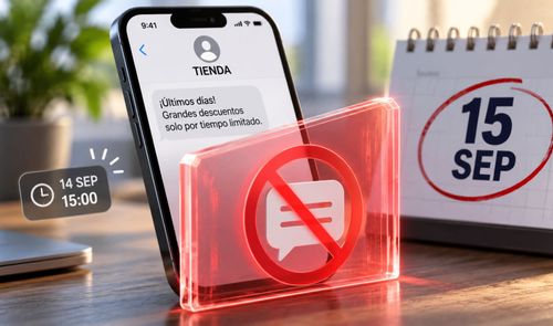 Teléfono móvil mostrando un mensaje publicitario bloqueado por un símbolo de prohibido junto a un calendario.