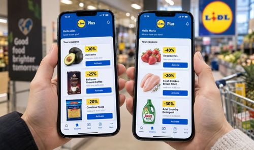 Dos manos sostienen teléfonos móviles mostrando la interfaz de la aplicación Lidl Plus con cupones de descuento dentro de un supermercado.