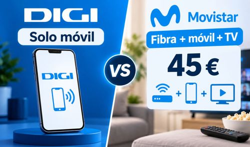Comparativa de ofertas entre tarifas solo móvil de Digi y paquetes combinados de fibra, móvil y televisión de Movistar.