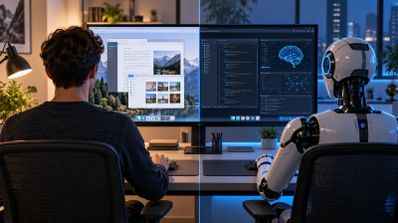 Un hombre y un robot humanoide sentados frente a un mismo monitor de ordenador dividido en dos partes.