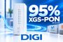 Router blanco conectado mediante cable de fibra óptica azul en primer plano junto a logotipos de DIGI, Movistar y Orange.