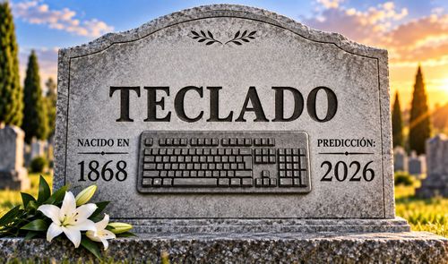 Lápida de piedra en un cementerio con la palabra TECLADO grabada y un dibujo de un teclado de ordenador.