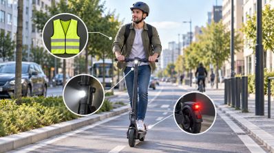 Usuario en patinete eléctrico circulando por un carril bici con señalizaciones sobre elementos de seguridad como chaleco reflectante y luces.