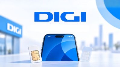Logotipo de DIGI sobre un teléfono móvil flanqueado por una tarjeta SIM física y una representación de eSIM.
