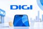 Logotipo de DIGI sobre un teléfono móvil flanqueado por una tarjeta SIM física y una representación de eSIM.