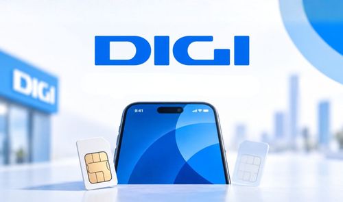 Logotipo de DIGI sobre un teléfono móvil flanqueado por una tarjeta SIM física y una representación de eSIM.