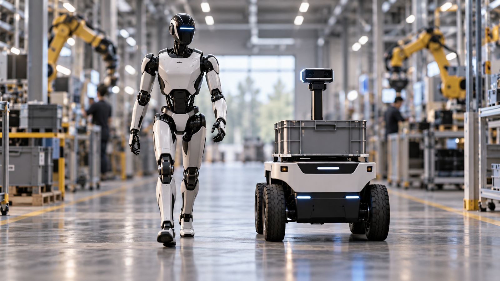 Un robot humanoide blanco y negro caminando junto a un vehículo autónomo de carga en una planta industrial.