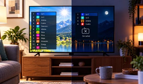 Comparativa de una pantalla de televisión dividida que muestra la lista de canales TDT operativos frente a una señal interrumpida durante la noche.