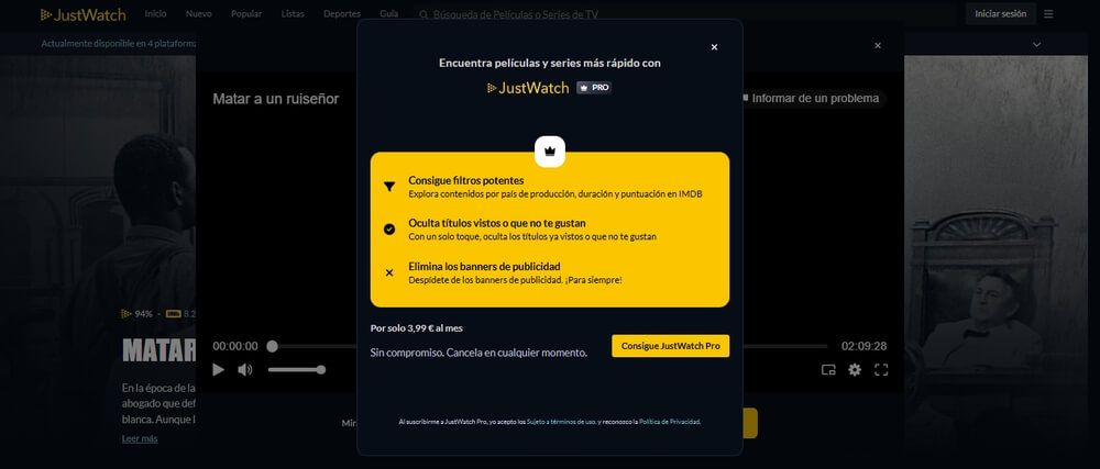 Pago de la versión Pro de JustWatch