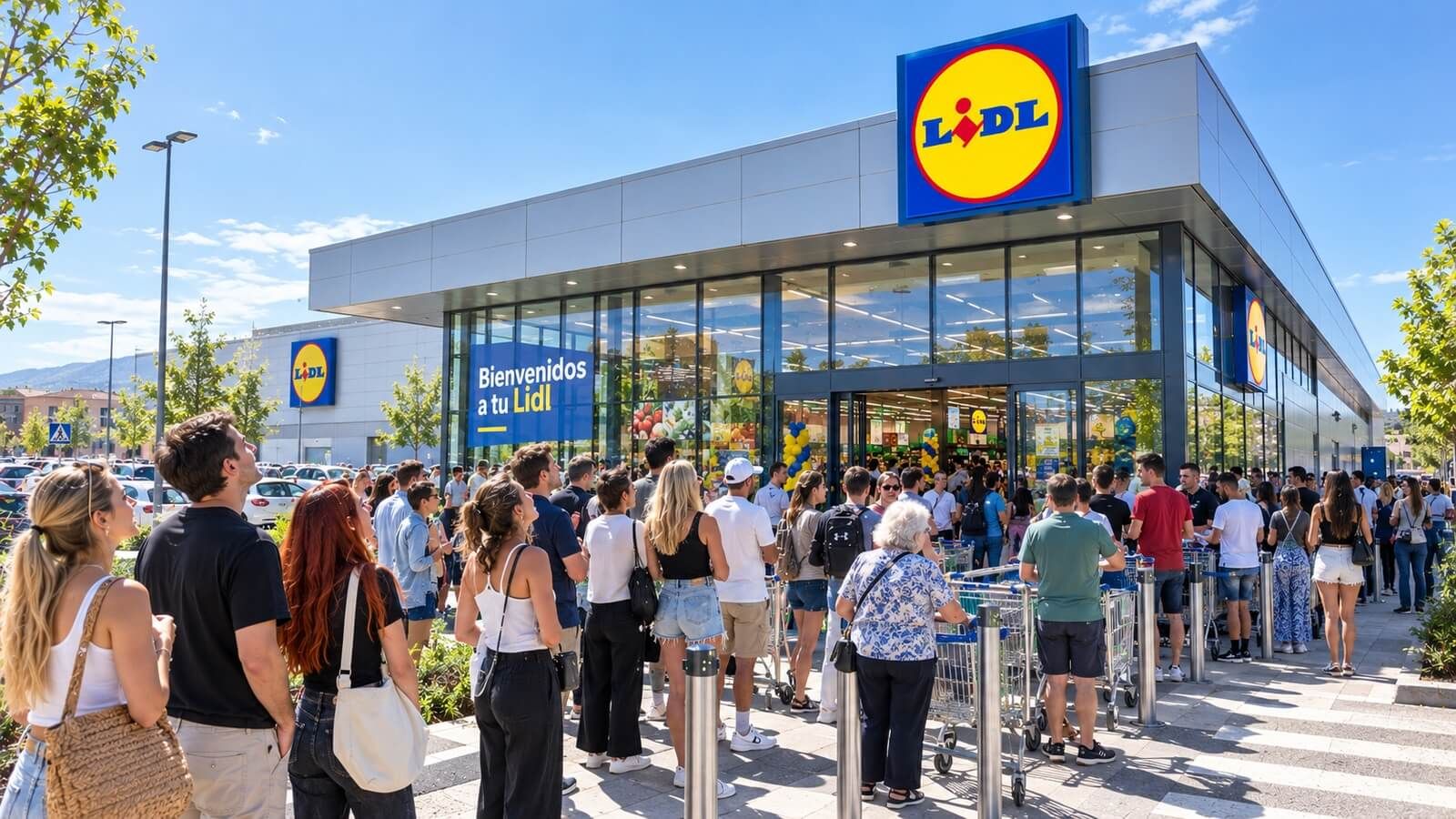 Gente haciendo cola para entrar en Lidl