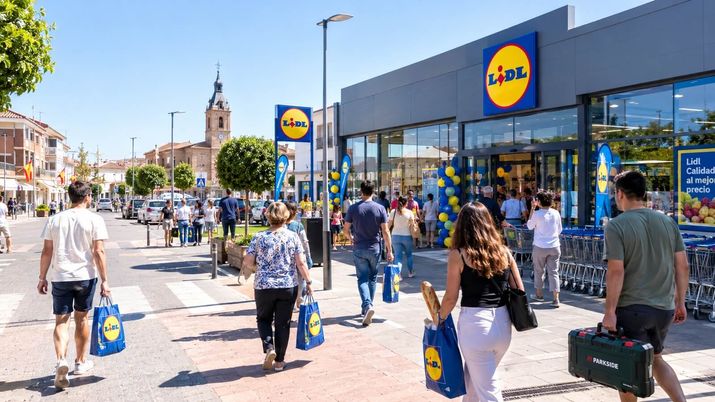 Gente acercándose a una tienda de Lidl