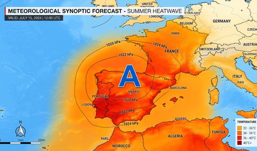Mapa barométrico de España mostrando circulación anticiclónica y altas presiones sobre la Península, asociado al episodio de calor anunciado por AEMET para el 11-13 de septiembre de 2026