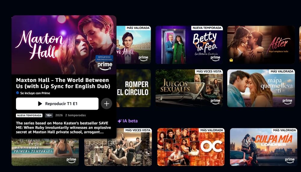 Interfaz de Prime Video con Maxton Hall