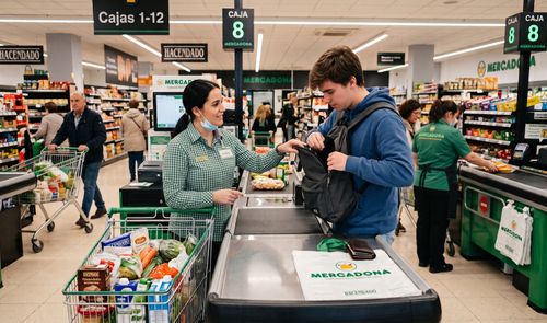 Trabajadora de Mercadona registrando mochila
