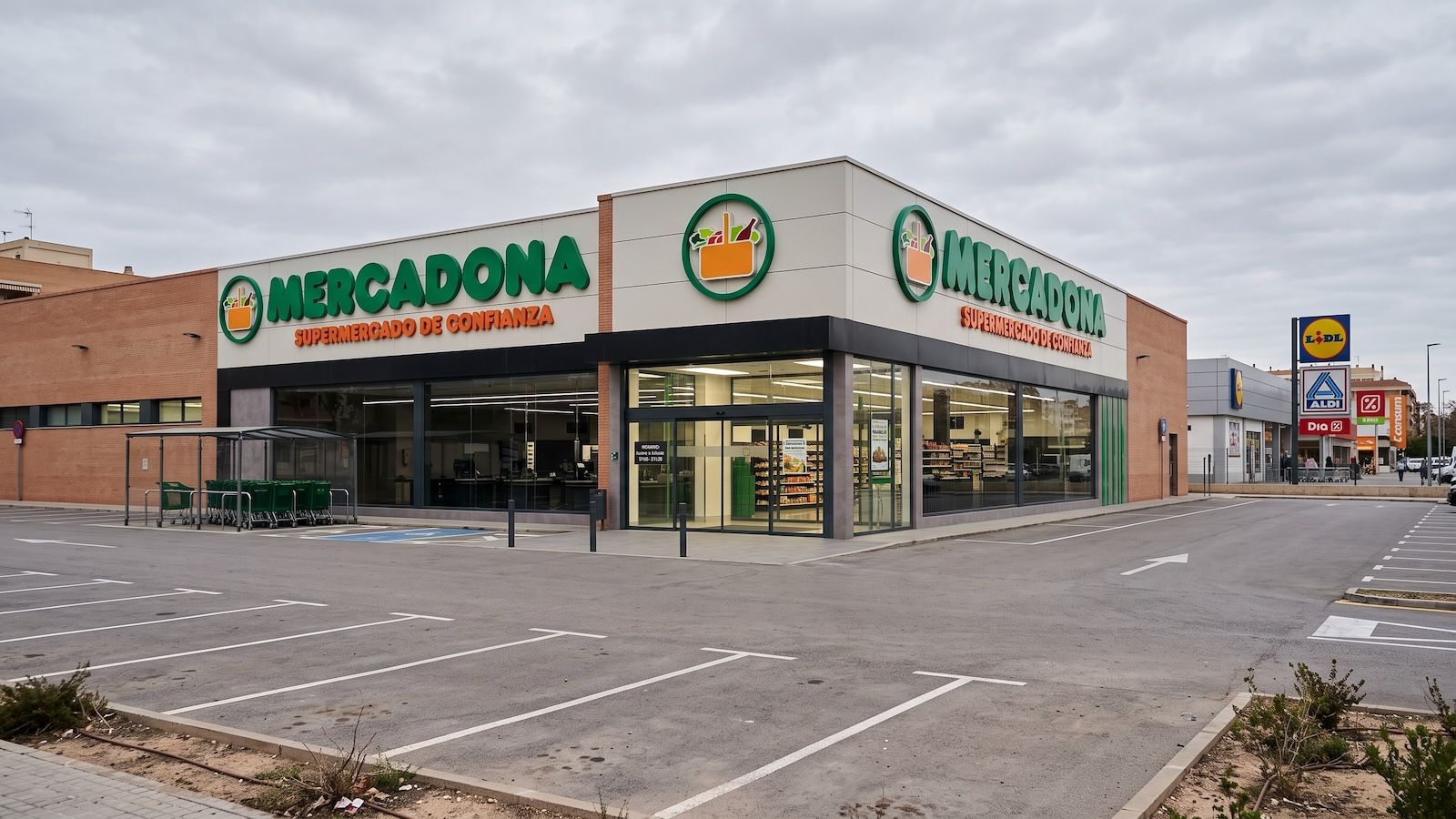 Fachada exterior de un supermercado Mercadona con aparcamiento vacío en un día nublado.