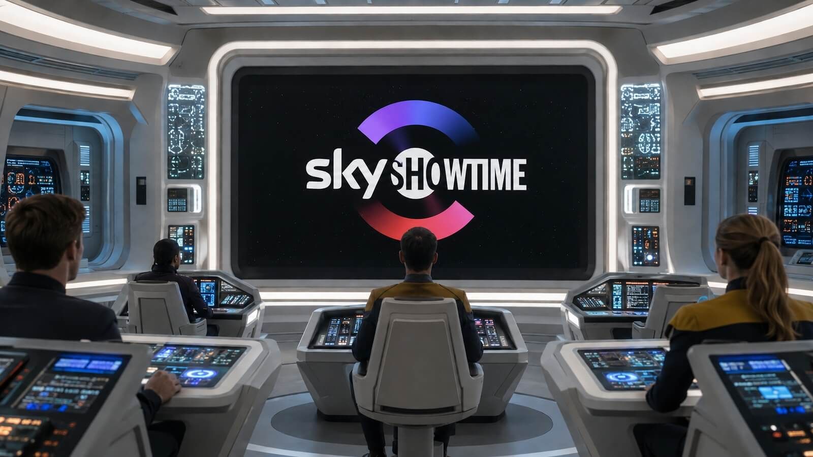 Una nave espacial y una tele con el logo de SkyShowtime