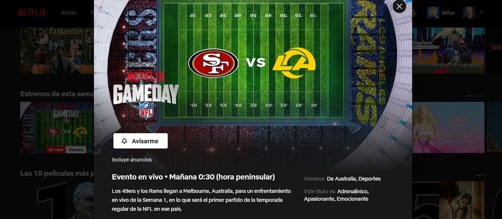 Partido de Netflix GameDay en la interfaz