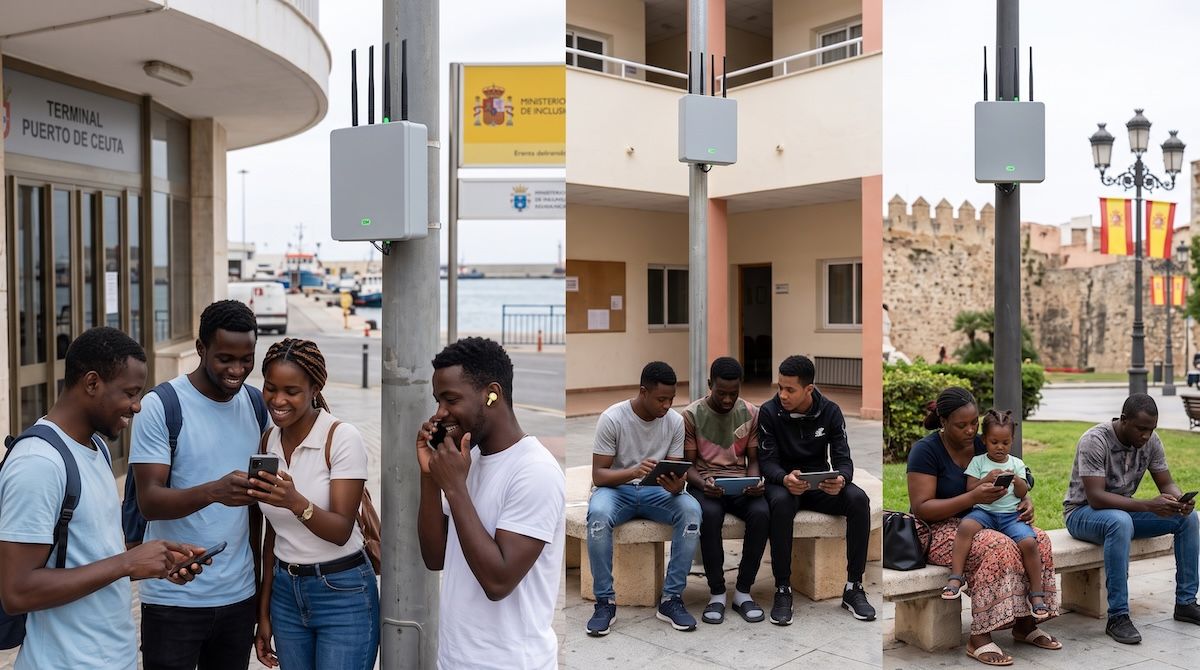 Montaje fotográfico con un mapa de la ciudad de Ceuta y tres localizaciones marcadas con el símbolo de WiFi, ilustrando los puntos de acceso que el Gobierno planea instalar