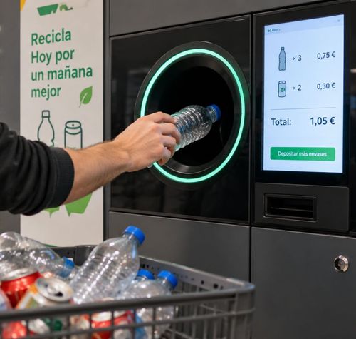Persona introduciendo una botella de plástico en una máquina de reciclaje con sistema de depósito y retorno.
