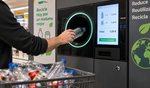 Persona introduciendo una botella de plástico en una máquina de reciclaje con sistema de depósito y retorno.