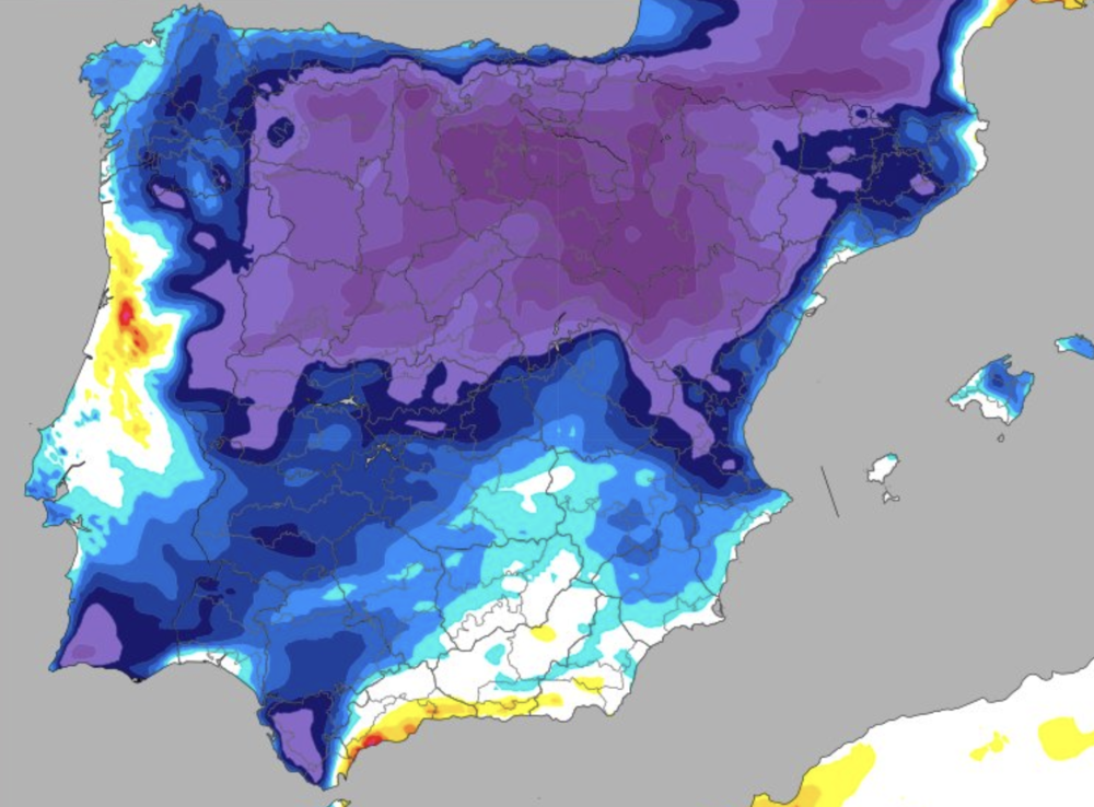 Mapa meteorológico de la Península Ibérica y Baleares con escala de colores que indica zonas de precipitaciones.