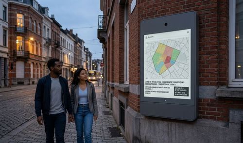 Pareja caminando por una calle empedrada junto a una pantalla informativa digital anclada en una fachada de ladrillo que muestra un mapa por zonas.