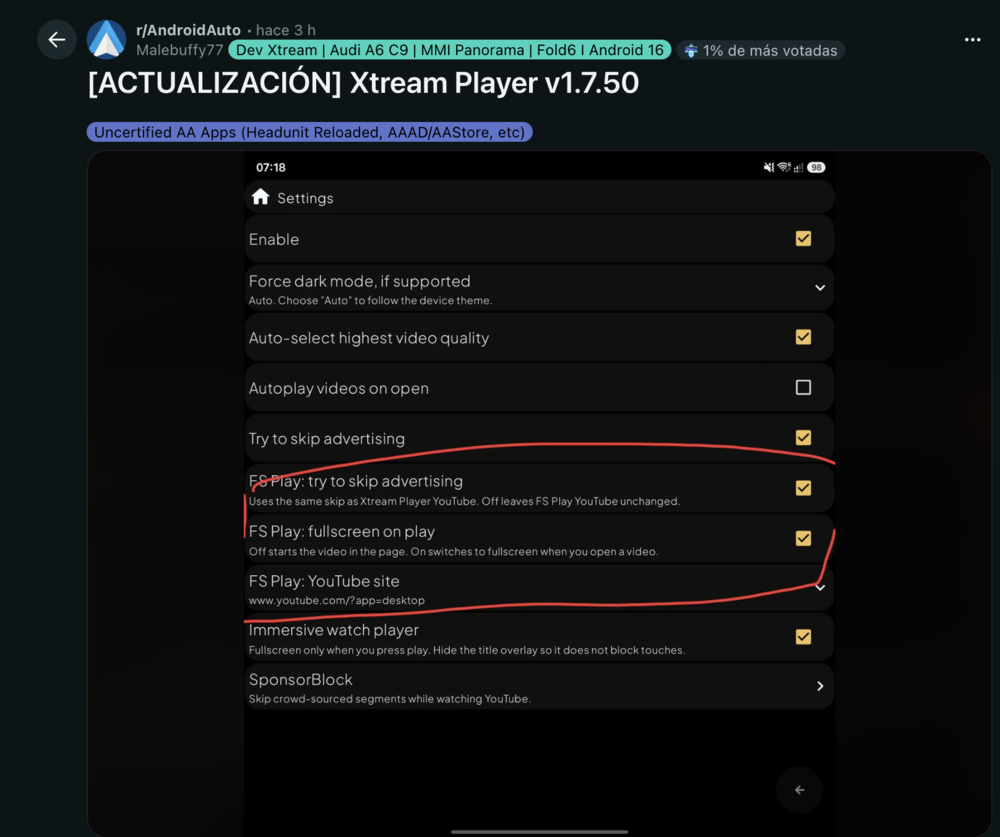 Captura de pantalla de la interfaz de configuración de Xtream Player v1.7.50 en la comunidad de Reddit para Android Auto.