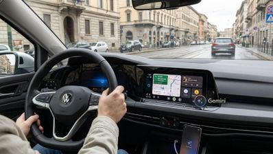 Interfaz de Android Auto con el icono de Gemini en la pantalla central de un coche Volkswagen circulando por una calle urbana.