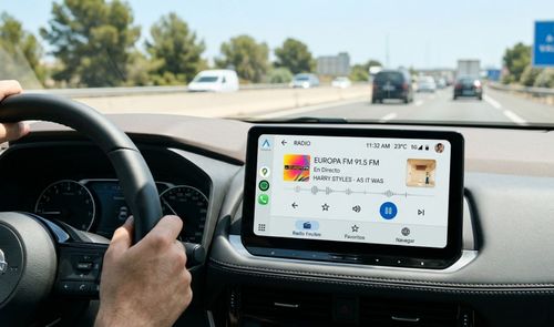 Interfaz de Android Auto en la pantalla de un coche mostrando la aplicación de radio durante la conducción por autopista.