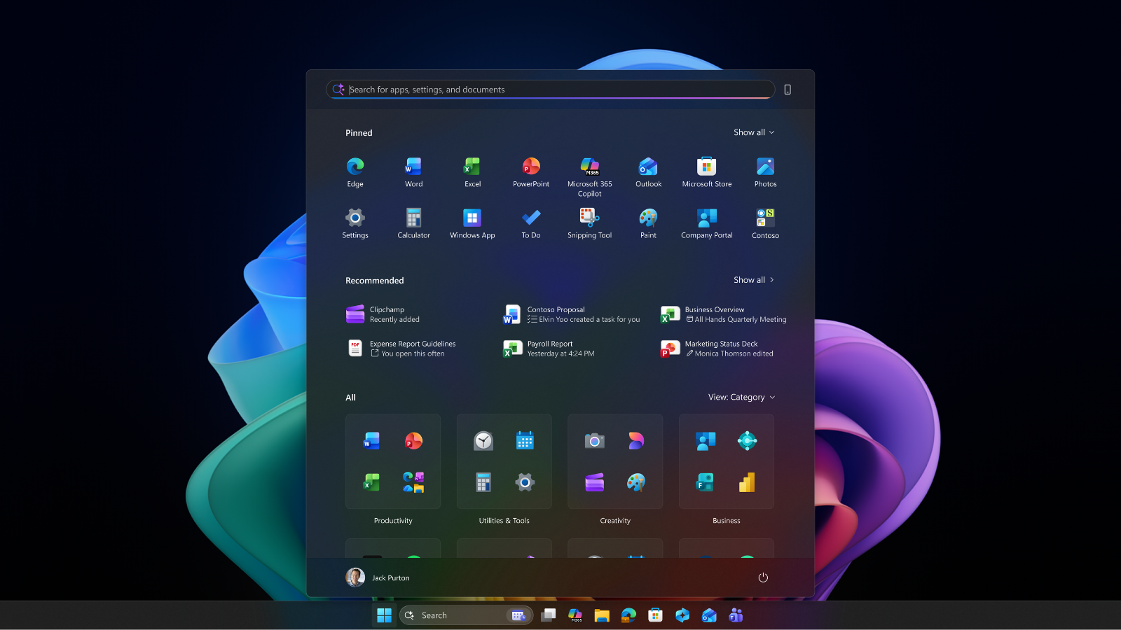 Menú de inicio de Windows 11 desplegado sobre un fondo de escritorio oscuro con iconos de aplicaciones y archivos recomendados.