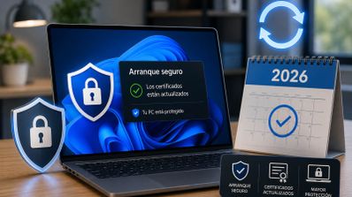 Interfaz de ordenador con mensaje de confirmación sobre el estado del arranque seguro en Windows y calendario del año 2026.