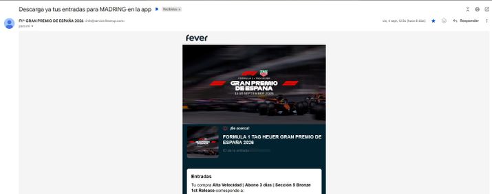Correo electrónico de confirmación de Fever con detalles de entradas para el Gran Premio de España de Fórmula 1.