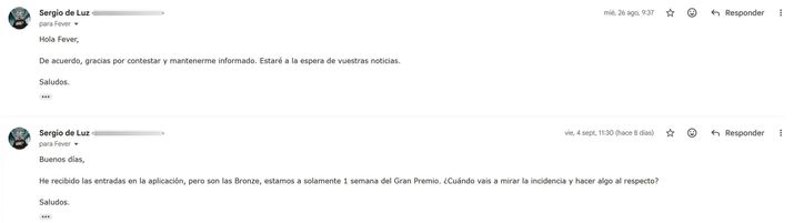 Hilo de conversación por correo electrónico sobre una incidencia con entradas de un Gran Premio.