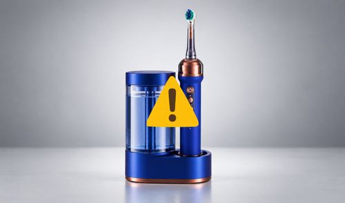 Cepillo de dientes eléctrico Dyson en color azul y cobre sobre su base de carga con depósito de agua.