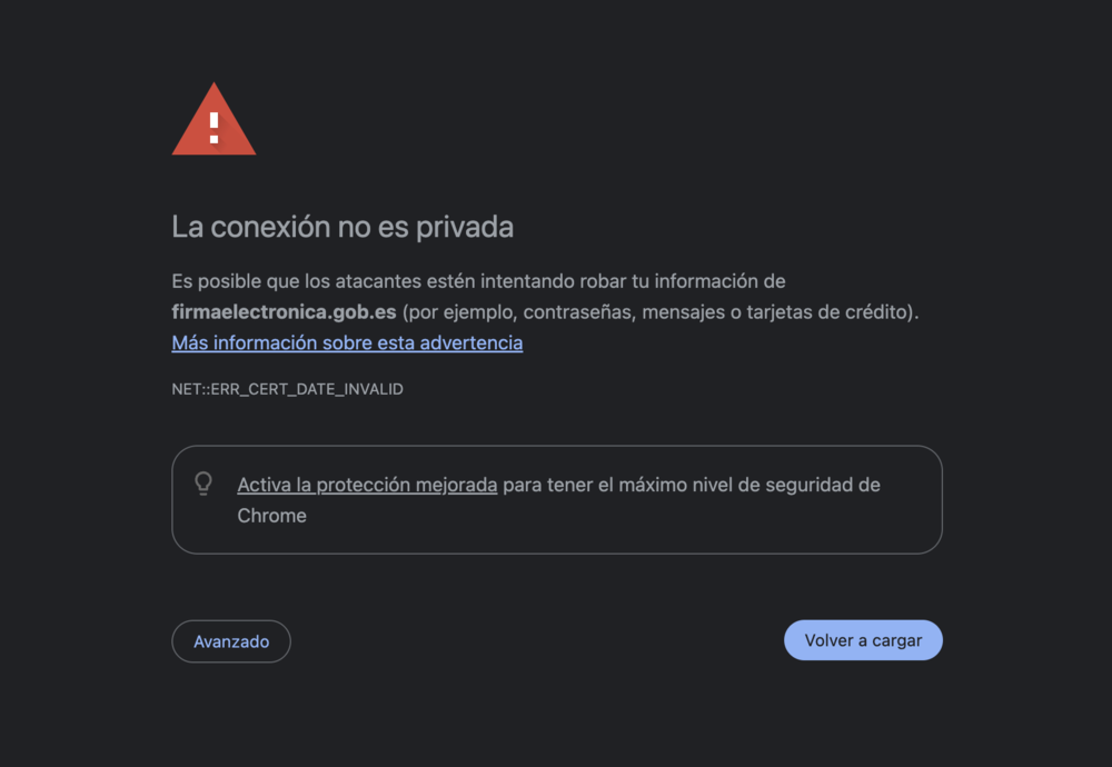 Mensaje de error en navegador web indicando que la conexión no es privada por un certificado caducado.