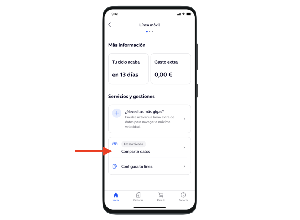 Interfaz de la aplicación móvil de O2 mostrando la sección de gestión de línea con la opción de compartir datos señalada por una flecha roja.