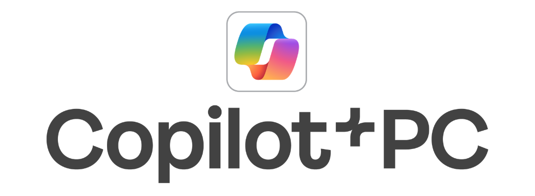 Logotipo de Copilot+ PC con icono degradado y texto en color gris oscuro.