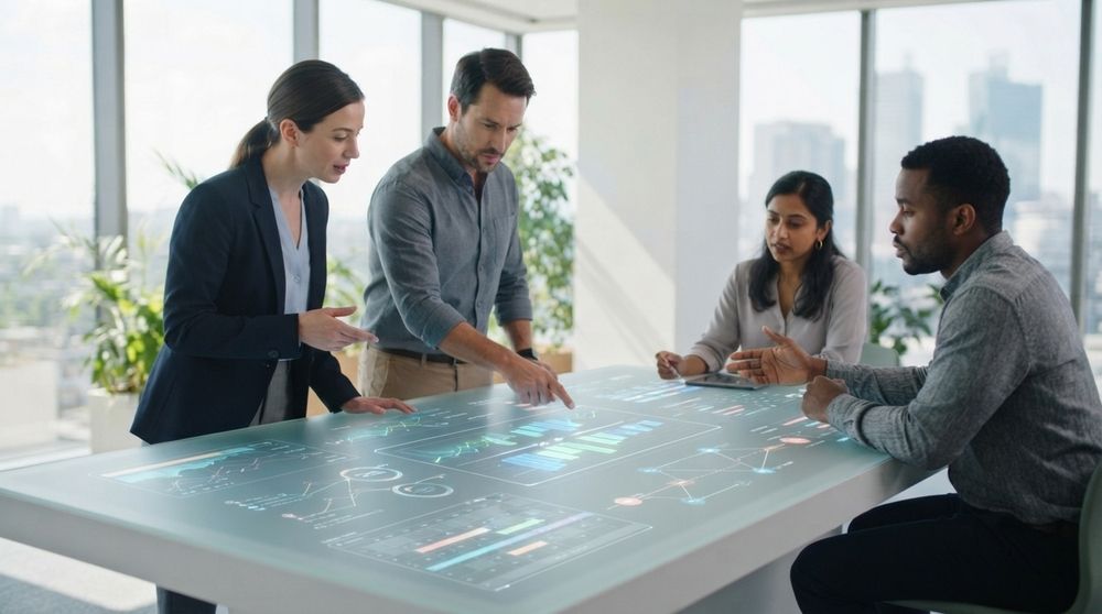 Cuatro profesionales en una oficina moderna analizando gráficos y datos digitales proyectados sobre una mesa táctil inteligente.