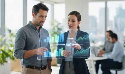Dos profesionales analizando gráficos financieros digitales en una pantalla transparente flotante dentro de una oficina.