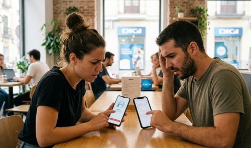 Pareja en una cafetería consultando sus teléfonos móviles frente a un establecimiento de Digi.