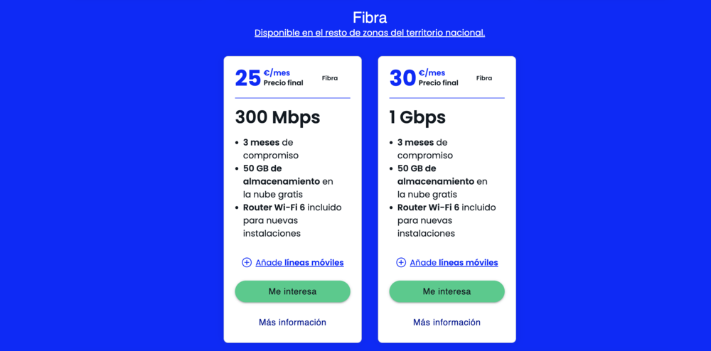 Comparativa de tarifas de fibra de Digi con opciones de 300 Mbps y 1 Gbps sobre fondo azul.