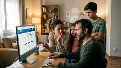 Familia de cuatro personas con expresión de duda mirando la web oficial de DIGI en un ordenador de sobremesa.