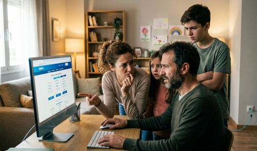 Familia de cuatro personas con expresión de duda mirando la web oficial de DIGI en un ordenador de sobremesa.