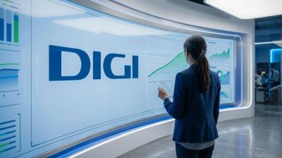 Una analista frente a una gran pantalla que muestra el logotipo de Digi y diversos gráficos de crecimiento de datos.