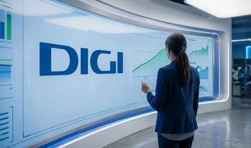 Una analista frente a una gran pantalla que muestra el logotipo de Digi y diversos gráficos de crecimiento de datos.