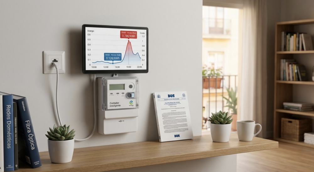 Contador inteligente instalado en una pared junto a una pantalla que muestra gráficas de consumo energético en tiempo real.